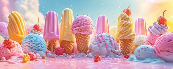 Vibrant Ice Cream Summer. A variety of colorful ice cream cones and popsicles in different flavors, melting slightly under the warm summer sun.