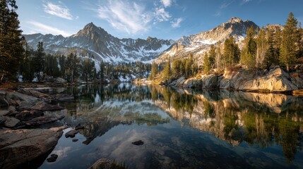 Expansive alpine landscape with evergreen forests, rugged ridges, and a reflective lake