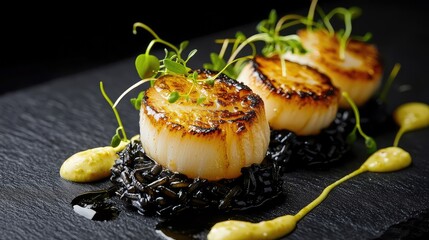 perfectly plated dish of pan-seared scallops on a bed of black squid ink risotto, decorated with delicate microgreens and a swirl of saffron aioli, 