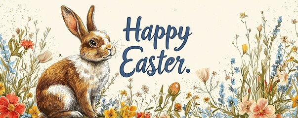Vintage Easter Greeting Card. illustration with classic floral patterns, an old-fashioned bunny, and elegantly scripted text saying Happy Easter.