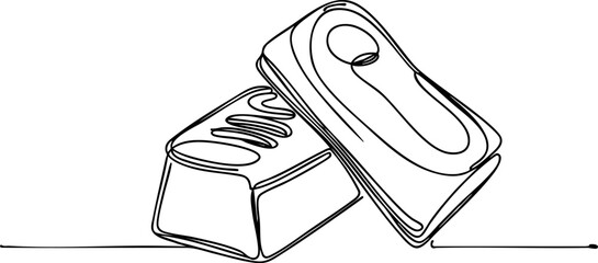 Single line drawing in modern minimalist style of two gold ingots on white background with copy space