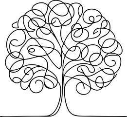 Single line drawing in modern minimalist style of vintage tree on white background with copy space