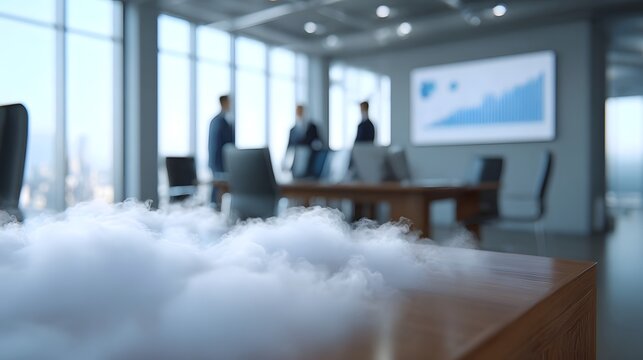 A modern conference room is filled with atmospheric fog with blurred business professionals and a financial graph on screen - Powered by Adobe