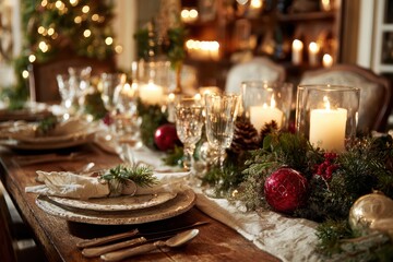 Festive dining scene with red and gold baubles, candles, and ribbons