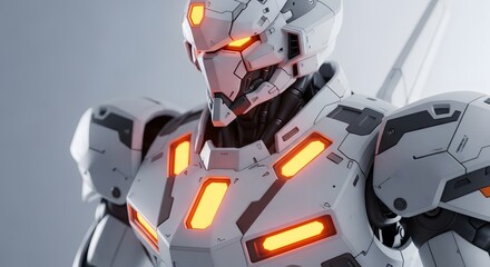 Futuristic white robot with glowing orange eyes and accents, closeup portrait of a powerful mecha warrior, scifi concept art, advanced technology