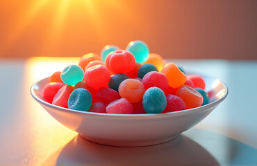 bright golden light spills across shallow dish containing overflowing abundance vibrant pink blue orange gummy candies