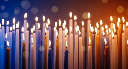 Photo of a multitude of lit candles creating a warm and inviting ambiance with a bokeh effect in the background, symbolizing remembrance and hope