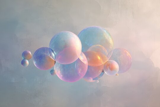 Floating translucent spheres with pearlescent reflections and gradients - Powered by Adobe