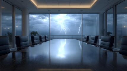 A sleek modern boardroom with panoramic reveals a dramatic thunderstorm with powerful lightning strikes outside