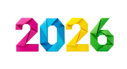 Colorful origami numbers 2026 isolated on transparent background
