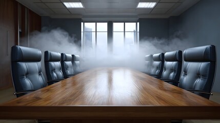 An empty boardroom filled with dense fog creating a mysterious and atmospheric corporate environment