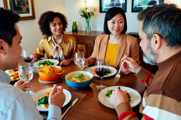 Multiethnic group of middle aged men and women sitting at dining table eating meal and drinking wine, engaging in conversation, sharing food, smiling, enjoying social gathering indoors