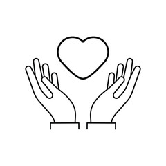 Obraz premium Black isolated outline icon of heart in hands on white background. Line icon of heart and hands. Symbol of care, love, charity.
