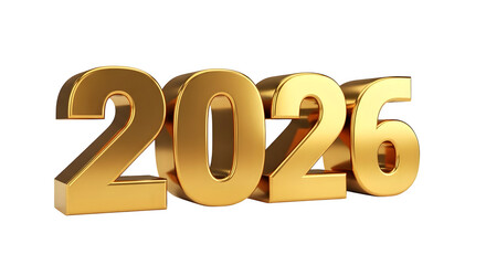 Golden 3d numbers 2026 isolated on transparent background