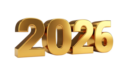 Golden 3d numbers 2026 isolated on transparent background