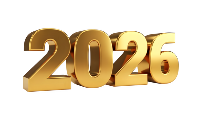 Golden 3d numbers 2026 isolated on transparent background