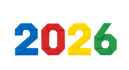 Colorful origami numbers 2026 isolated on transparent background