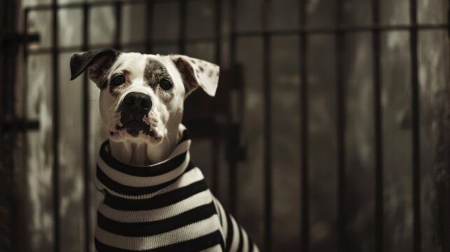 A black and white dog wearing a striped sweater sits in front of a barred window. The dog has a short coat and a distinctive patch over one eye.