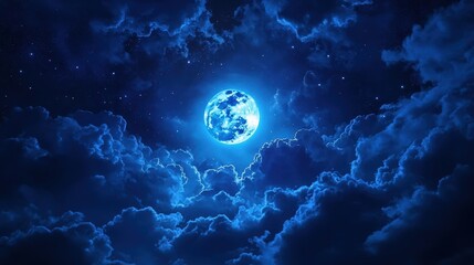 A beautiful blue moon shines brightly in a dark, cloudy night sky, illuminating the scene with a serene glow.