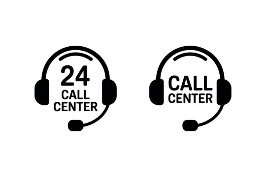 Two call center headset icons with text showing round the clock support for customer service needs vector, illustration, artwork