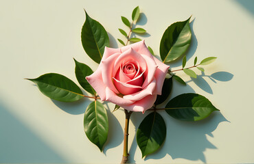 soft focus captures serene flat lay composition featuring intricately placed green leaves embracing delicate pink rose warm natural