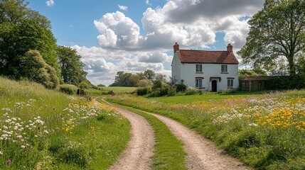 Charming countryside house with a dirt road and blue sky in the background surrounded by green fields and flowers