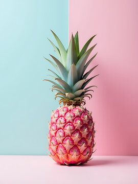 soft focus ripe pink pineapple sitting atop soft pink baby blue ombre background subtle brush stroke