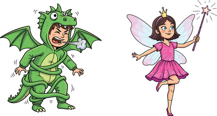 Children dressed in magical dragon and fairy costumes, expressing fantasy play, creativity, imagination, emotional reactions, and fun role-playing activities for kids
