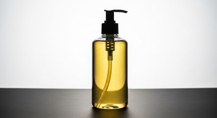 Fototapeta premium Clear bottle with pump dispenser filled with yellow liquid isolated PNG with Transparent Background