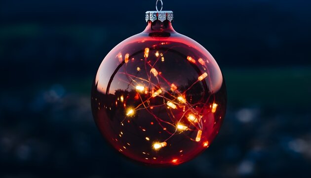 Glowing red glass Christmas ornament filled with fairy lights against a dark moody blue background