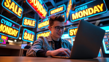 Cyber monday online shopping experience urban store lifestyle photo vibrant environment eye-level shot