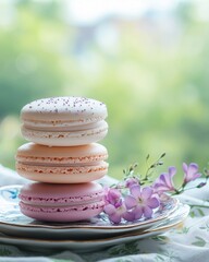 macaron stacked on vintage porcelain plate with soft window light and floral napkin, realistic photography