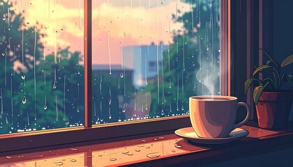 Animated scene of a cup of coffee on a windowsill with raindrops on the glass and the blurred outdoor view