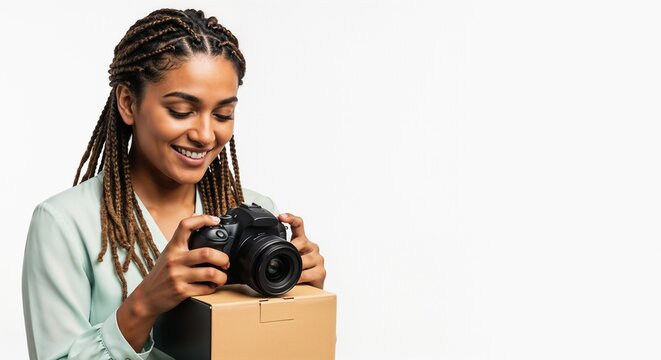 Happy young woman with braided hair looking at a new camera. Delighted photographer unboxing a gift on a white background with copy space