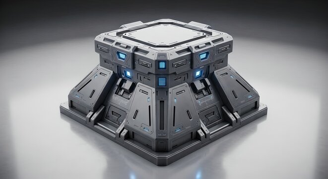 Ultra-detailed gray metal podium showcases robotic textures, industrial reflections, and minimal sci-fi design with cinematic lighting.