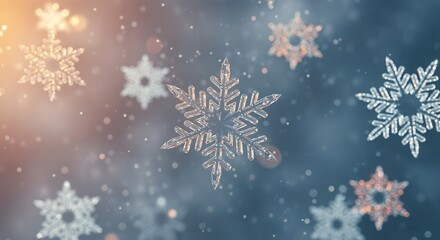 Abstract 3D scene of glowing crystal snowflakes. Magical winter background for Christmas and the holiday season