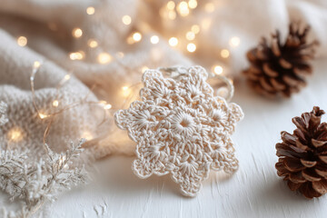 Handmade crocheted snowflake ornament on warm cream background with pinecones and fairy lights in cozy Scandinavian holiday flatlay