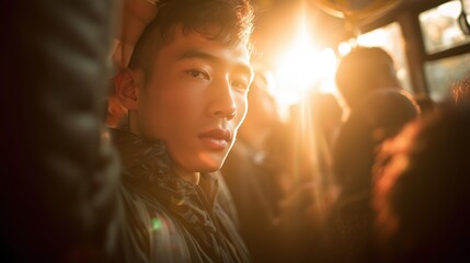Young Chinese man with short black hair on crowded bus during golden hour, warm backlit photograph with silhouettes and sunlight flare