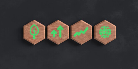 Grünes Wachstum, Nachhaltigkeit und Umweltschutz – Konzept als Header mit vier Holz-Waben-Symbolen: Blatt, Aufwärtspfeil, Wachstumsdiagramm und Globus.