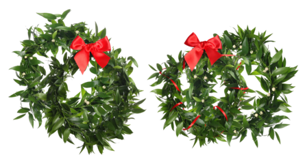detailed photograph of a pair of holiday wreaths made of lush green ruscus leaves, accented with vibrant red satin bows and ribbons, isolated on a transparent background.