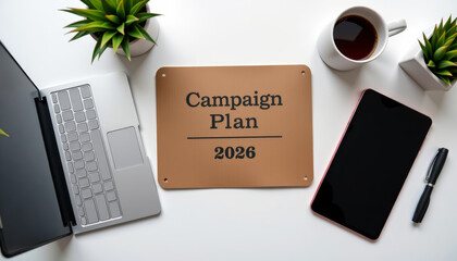 Product flat lay of campaign plan 2026 with laptop and coffee modern office environment top-down view