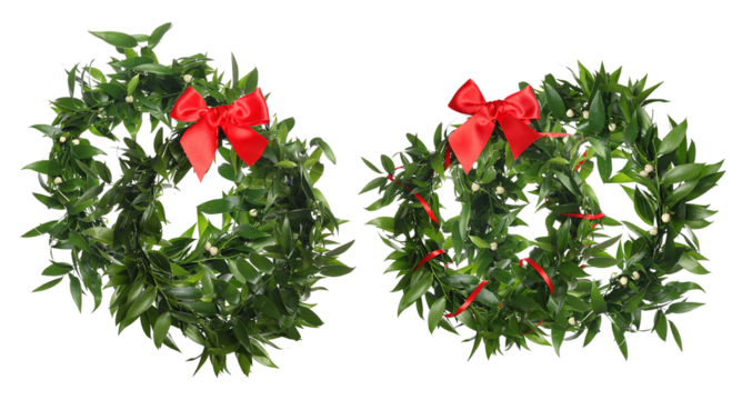 detailed photograph of a pair of holiday wreaths made of lush green ruscus leaves, accented with vibrant red satin bows and ribbons, isolated on a transparent background.