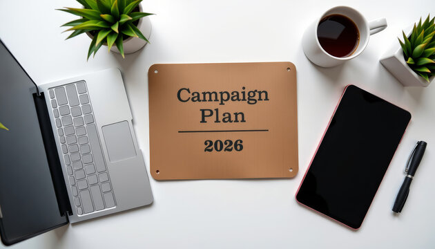Product flat lay of campaign plan 2026 with laptop and coffee modern office environment top-down view
