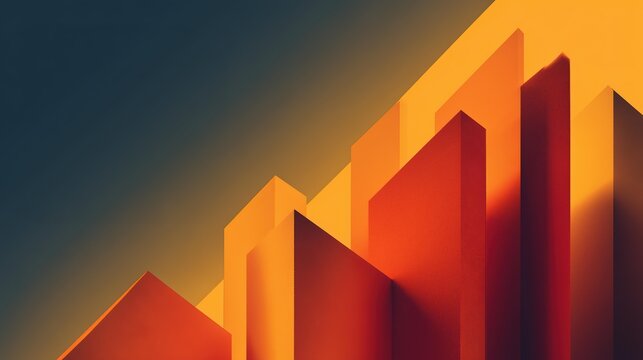 Abstract orange geometric prisms rise in a gradient navy to amber sky, a bold 3D render of modern architectural shapes in motion - Powered by Adobe