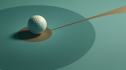 Abstract digital render of the image: white golf ball on textured teal-green turf with a sweeping gold arc and soft shadow, minimalist art