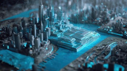 Futuristic blue digital city model on a glowing circuit-board, a detailed 3D render of neon architecture with holographic network lines