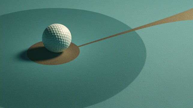 Abstract digital render of the image: white golf ball on textured teal-green turf with a sweeping gold arc and soft shadow, minimalist art