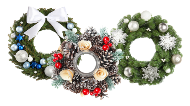 assortment photograph featuring three unique christmas holiday wreaths decorated with silver ornaments, white bows, red berries, pine cones, and snowflakes isolated on black.