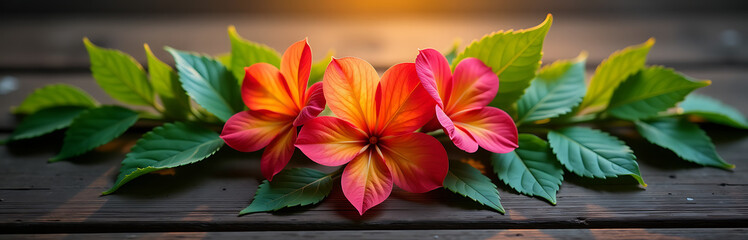 Obraz premium warm golden light illuminates vibrant flowers lush green leaves intertwined delicate pattern rustic