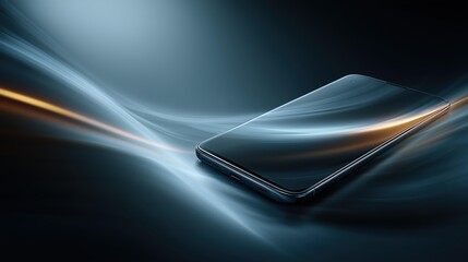 Sleek modern smartphone floating off-center above a deep dark gradient, illuminated by swirling luminous blue and warm orange light trails, high-end CGI render for tech advertising